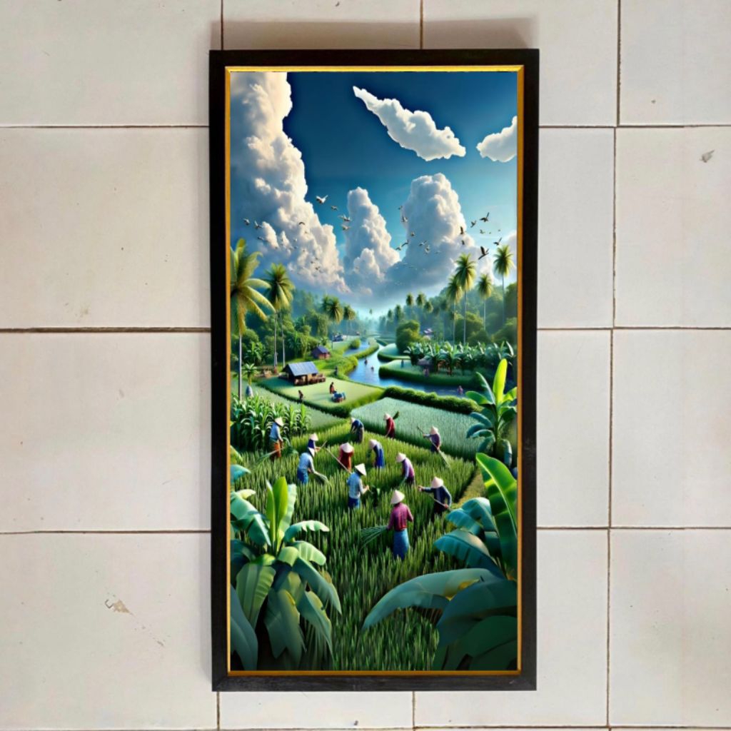 hiasan dinding lukisan cetak plus bingkai ukuran 100×50cm pemandangan alam 3D