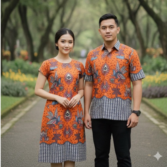 Kain Dobby - Sarimbit Batik Premium Couple Gurda Kencana Orange | Hem Pria & Dress Wanita Elegan | O