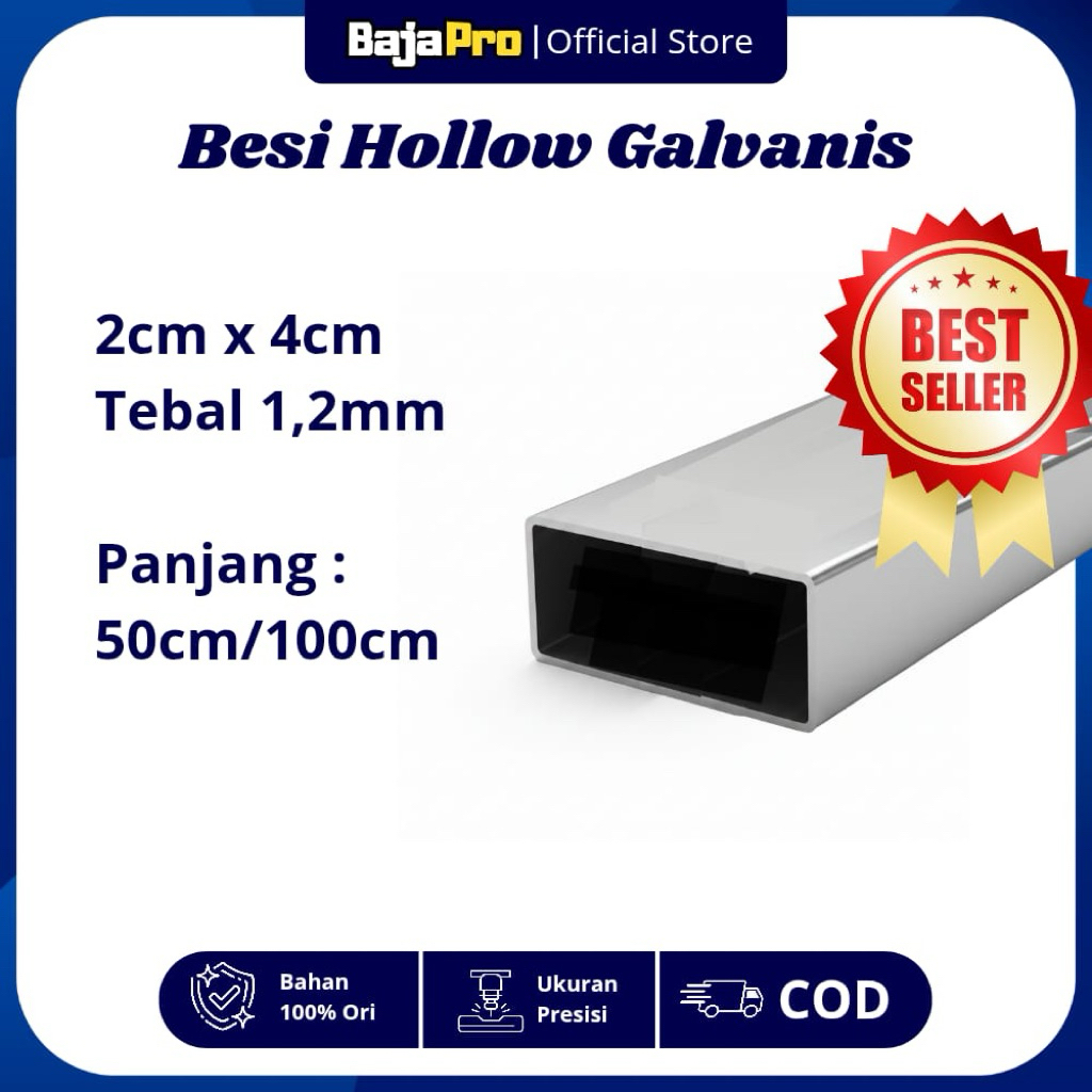 Hollo Galvanis 2cm x 4cm Tebal 1,2mm – Panjang 50cm / 100cm – Besi Hollow Galvanis Per Potong