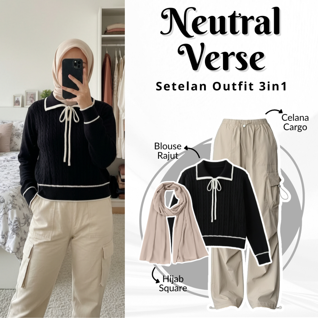 Outfit One Set | Blouse Rajut, Celana Cargo, Hijab Cargo | Setelan Kekinian, Outfit Wanita, OOTD
