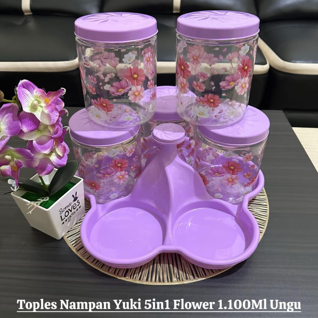 Toples YUKI Set + Nampan Isi 5 PCS - Toples Set Nampan 5in1 1100ML - Toples Set Plastik 5 Daun - Top