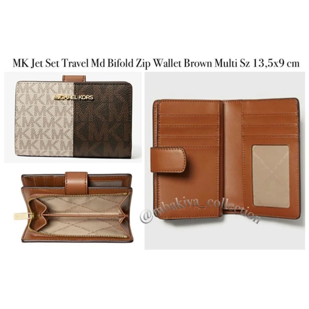MK Jet Set Travel Md Bifold Zip Wallet Brown Multi