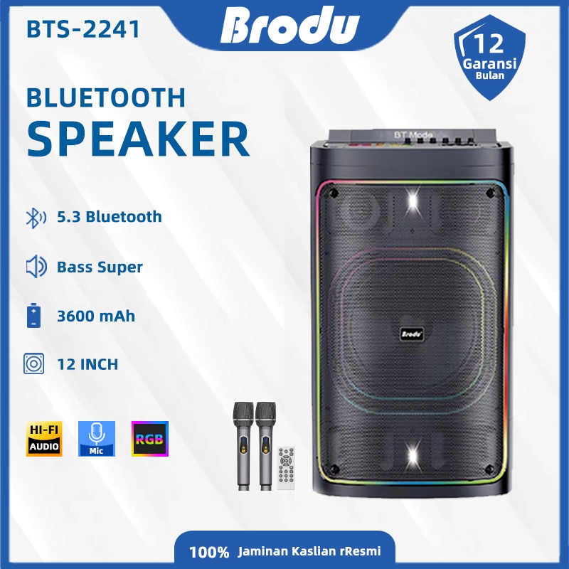 Bluetooth Speaker Brodu BTS-2241 12 Inch + 2 Mic Wireless Lampu RGB Bass Gebrakan Cocok Party/Karaok