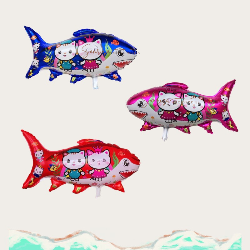 SONRISA - BALON FOIL IKAN HIU MOTIF KUCING / BALON IKAN HIU MOTIFKUCING / BALON KARAKTER IKAN HIU MO