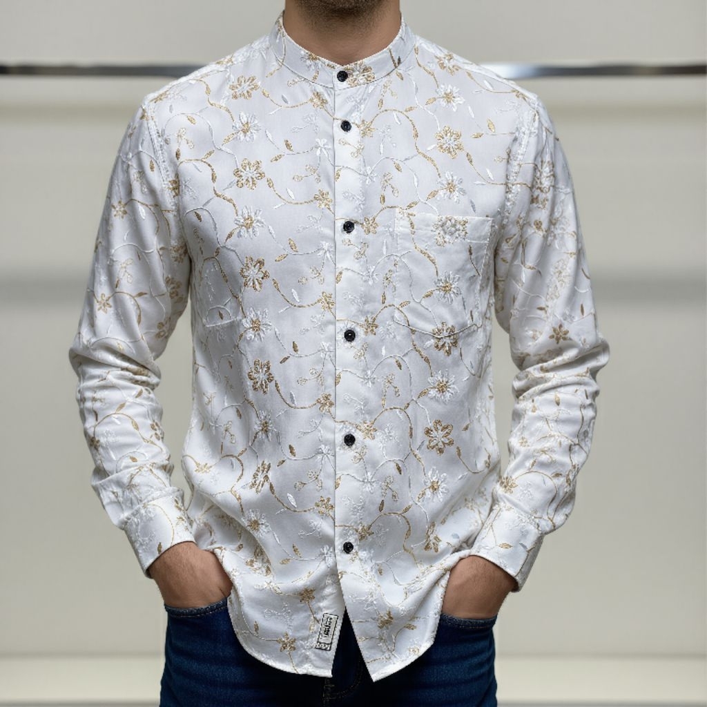 ASB Baju Koko Pria Putih Lengan Panjang Bordir Emas