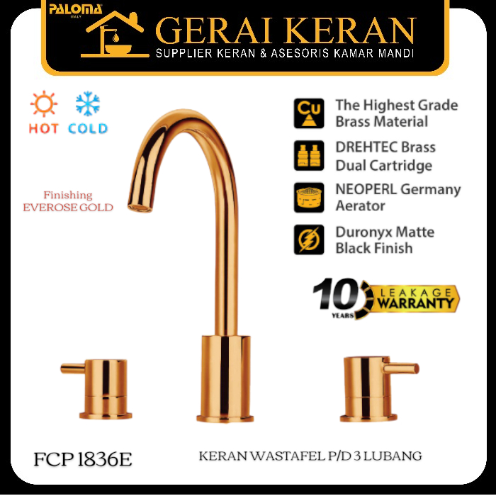 PALOMA FCP 1836E Keran Wastafel Kran Cuci Tangan Air Panas Dingin Brass 3 Lubang Rose Gold