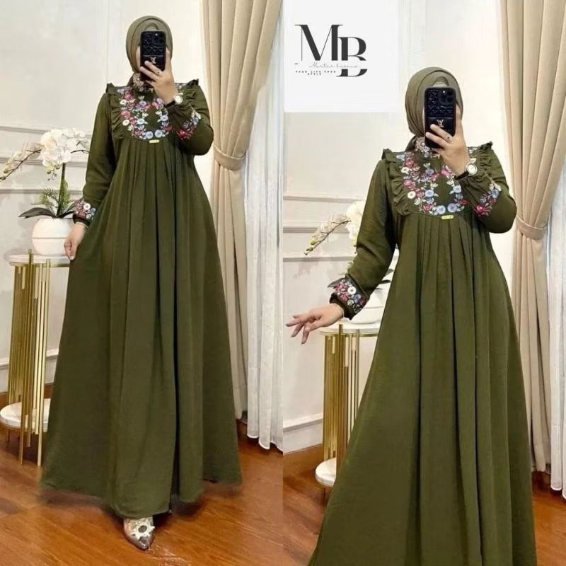 Gamis Bordir Bunga Timbul Bahan Crinkle Airflow Gamis Bordir Mewah Terbaru Motif Bunga Premium Simpe