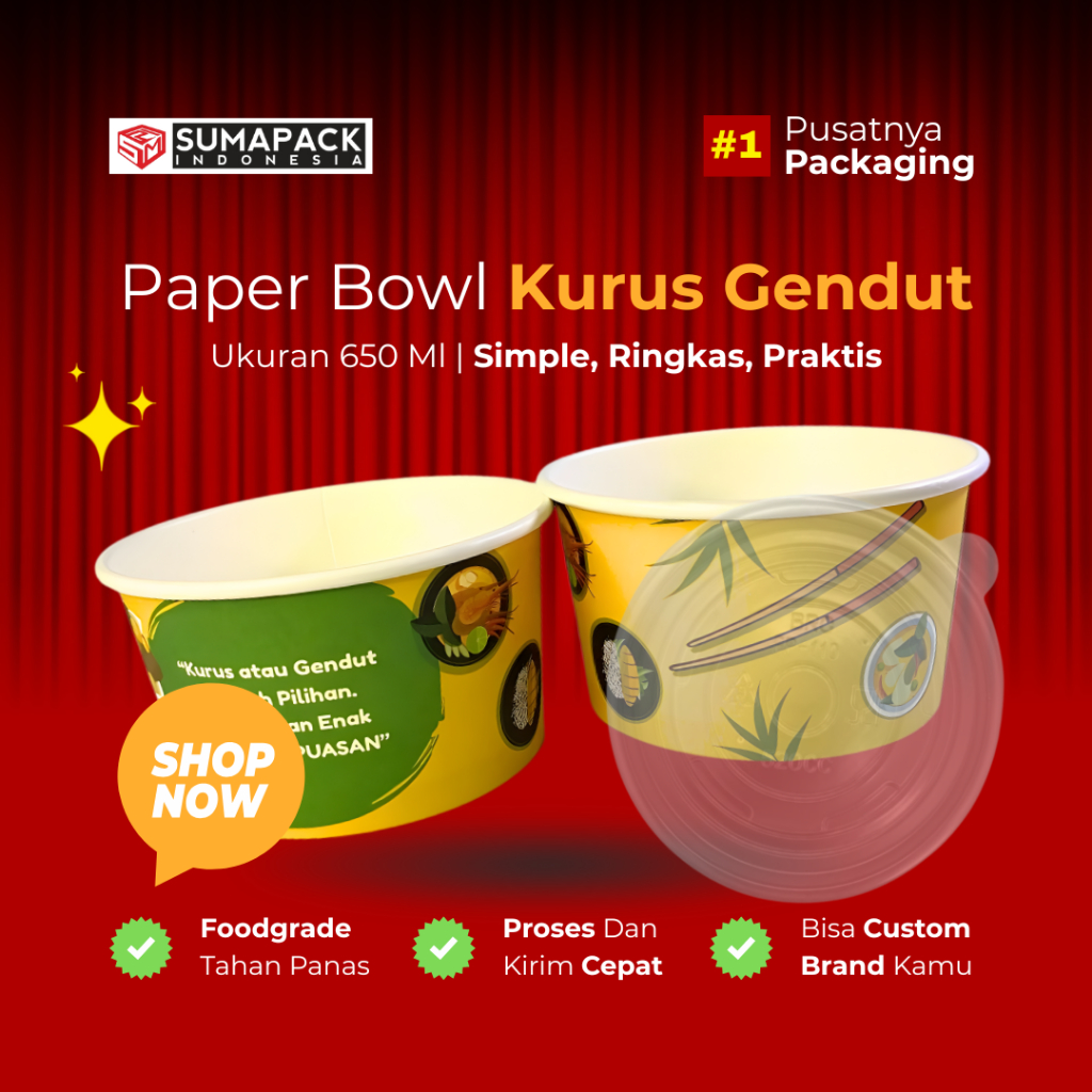 Paper Bowl 650ml dengan tutup Motif Kurus Gendut