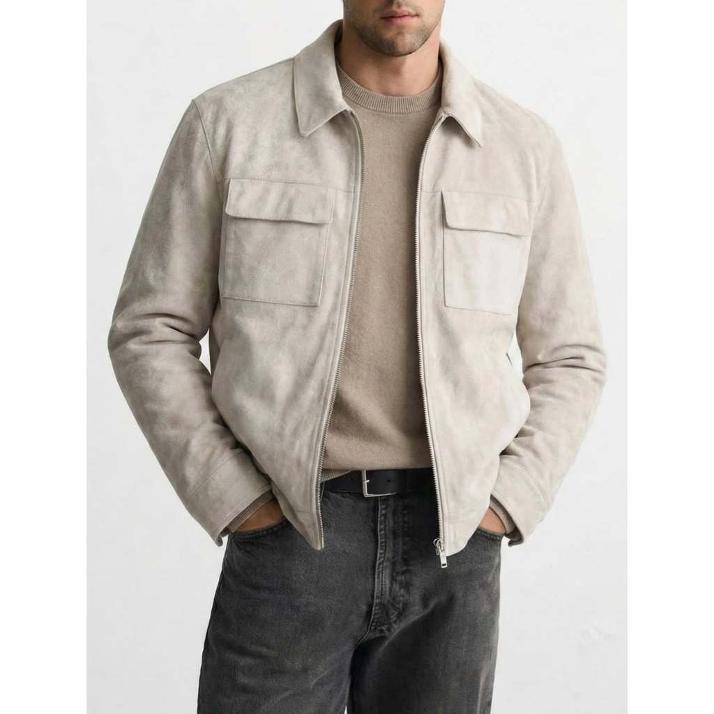 TATE MEN CLASSIC FRONT POCKETS FAUX SUEDE JACKET - CREAM (L)