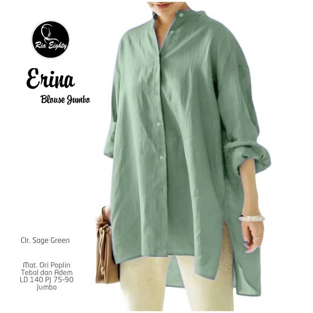 Erina Sage Green Kemeja JUMBO Ld 120 fit XXXL blouse polos / riaeighty