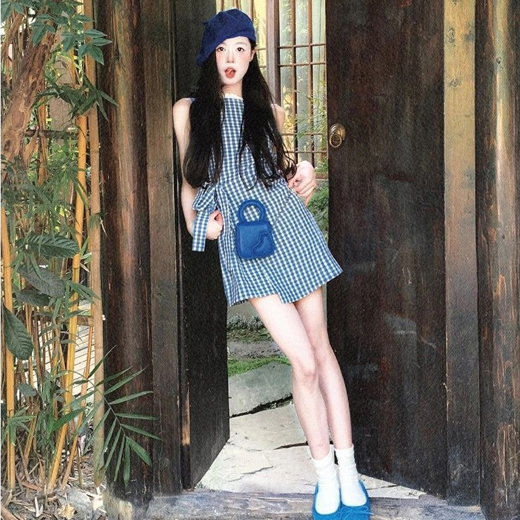 Dainty Vogue Gaun Tanpa Lengan Kotak-Kotak Biru Wanita Musim Panas Rompi Pendek Rok Pendek