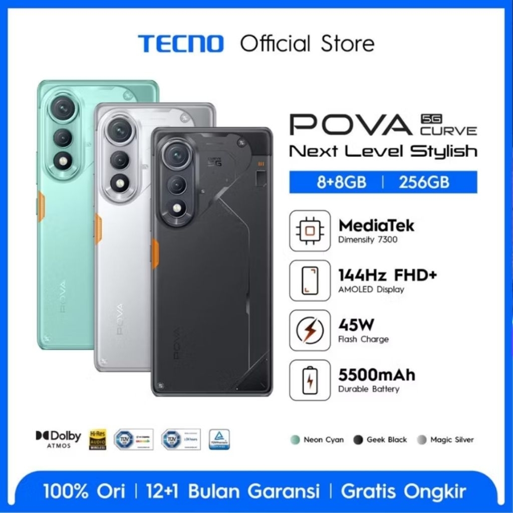 Tecno pova 7 curve 5G 8+8/256 5500mah+Bypass charging layar curved amoled Garansi Resmi
