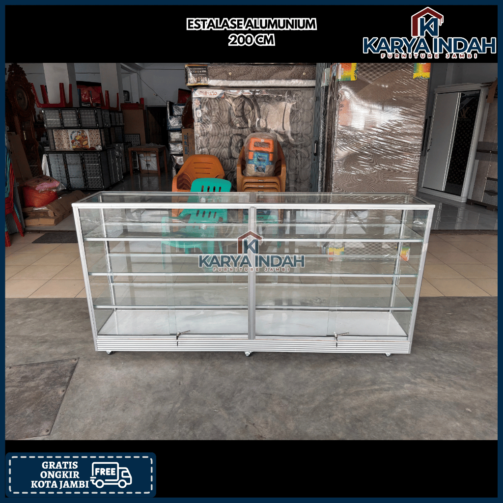 Lemari Rak Estalase ALUMUNIUM Tempat Jualan Kaca Sliding Roda Alumunium