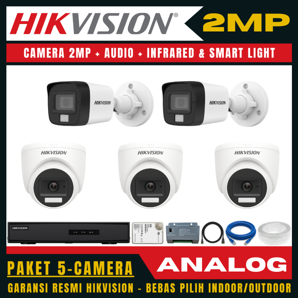 Paket cctv hikvision 2mp audio 8 channel 5 kamera paket cctv lengkap