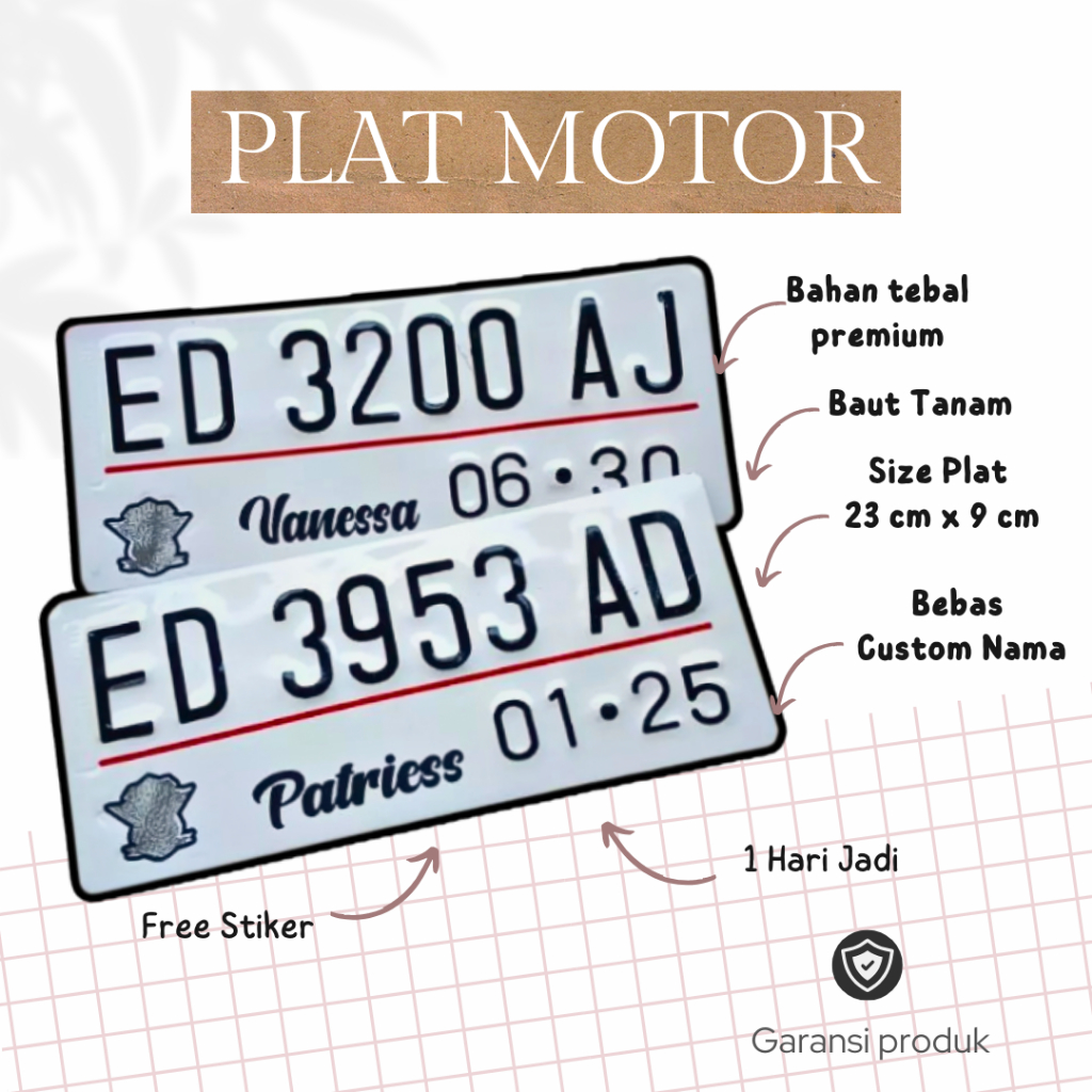 PLAT MOTOR  1 PASANG BAUT TANAM BEBAS CUSTOM / PLAT MOTOR PUTIH / PLAT MOTOR KECIL / PLAT MOTOR VARI