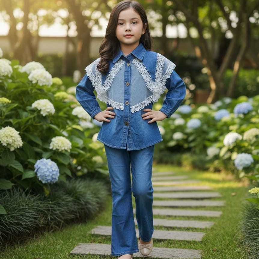 Setelan Jeans Brukat Anak Perempuan Kamari 2025 Bahan Jeans Mix Brukat - COD - HanaBalQuesKids