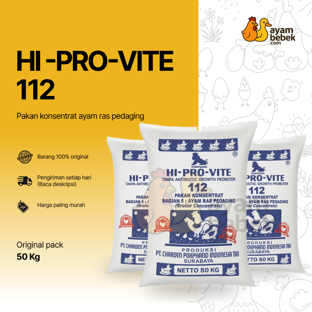HI-PRO-VITE 112 – Pakan Konsentrat Ayam Pedaging (Broiler) | REPACK | AyamBebek Pakan dan Ternak