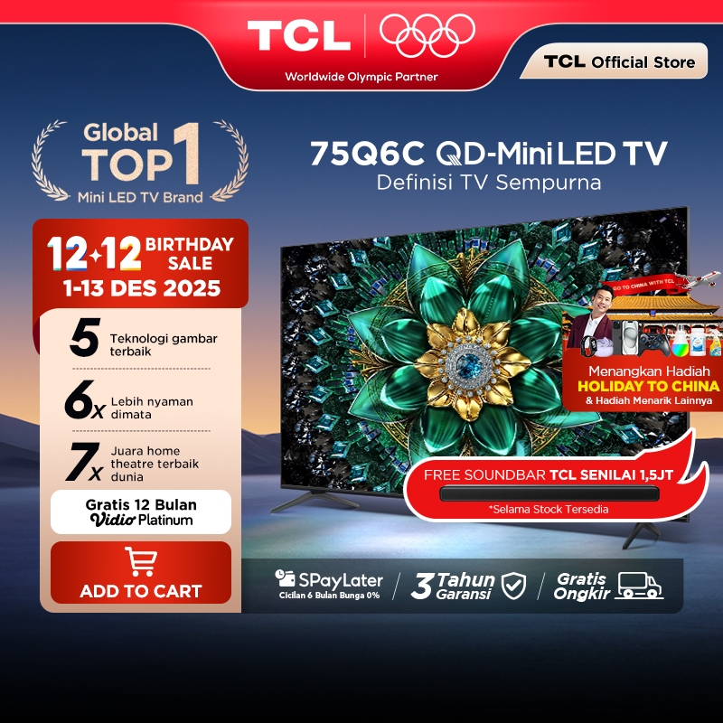 TCL 75 Inch QD-Mini LED TV Q6C - AiPQ Pro Processor - 6in1 Healthy Eye care - 144Hz - Smart Android 