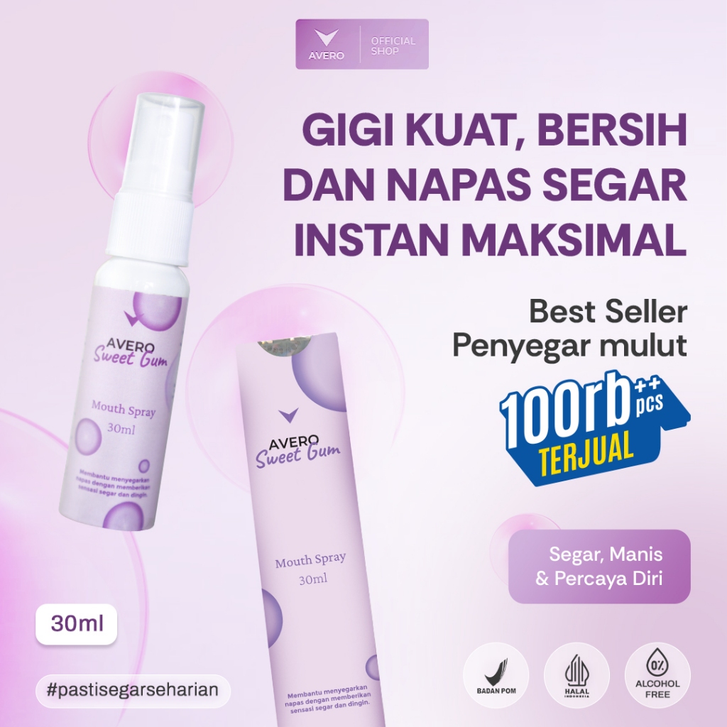 Avero Sweet Gum Mouth Spray - Parfum Mulut, Pengharum Mulut & Penyegar Mulut Dengan Antibakteri Biki