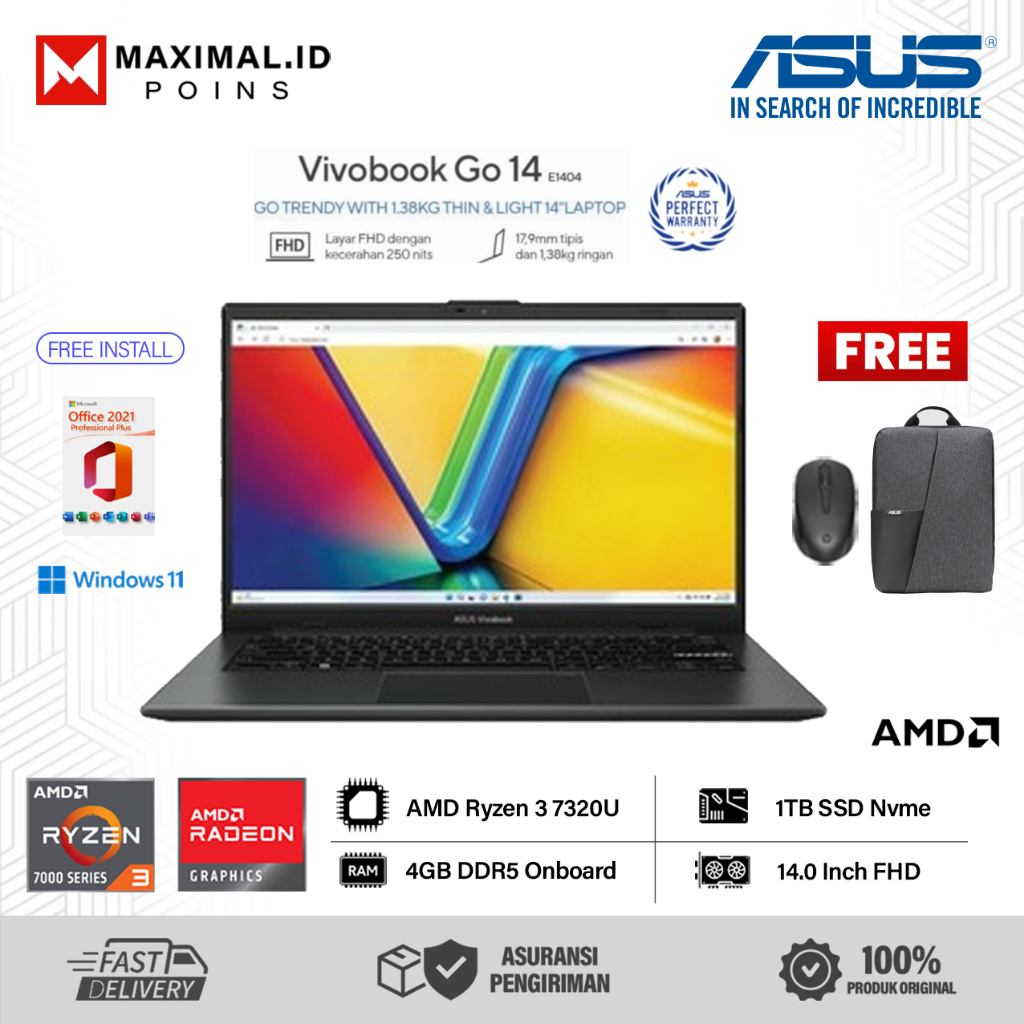 Laptop Asus Vivobook Go 14 Ryzen 3 7320U SSD 512GB W11 Black