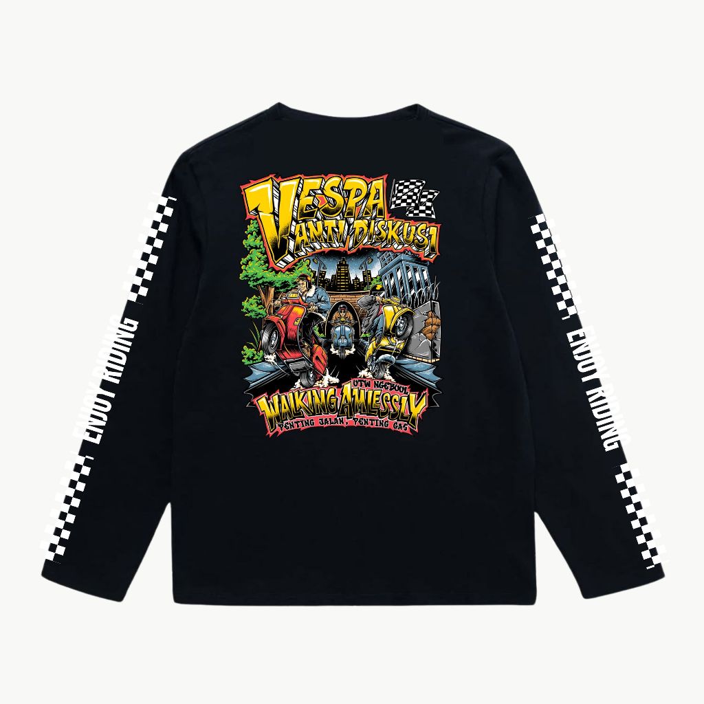 NGEBHULS Kaos Longsleeve Vespa Anti Diskusi Touring Original 24s – Hitam Putih