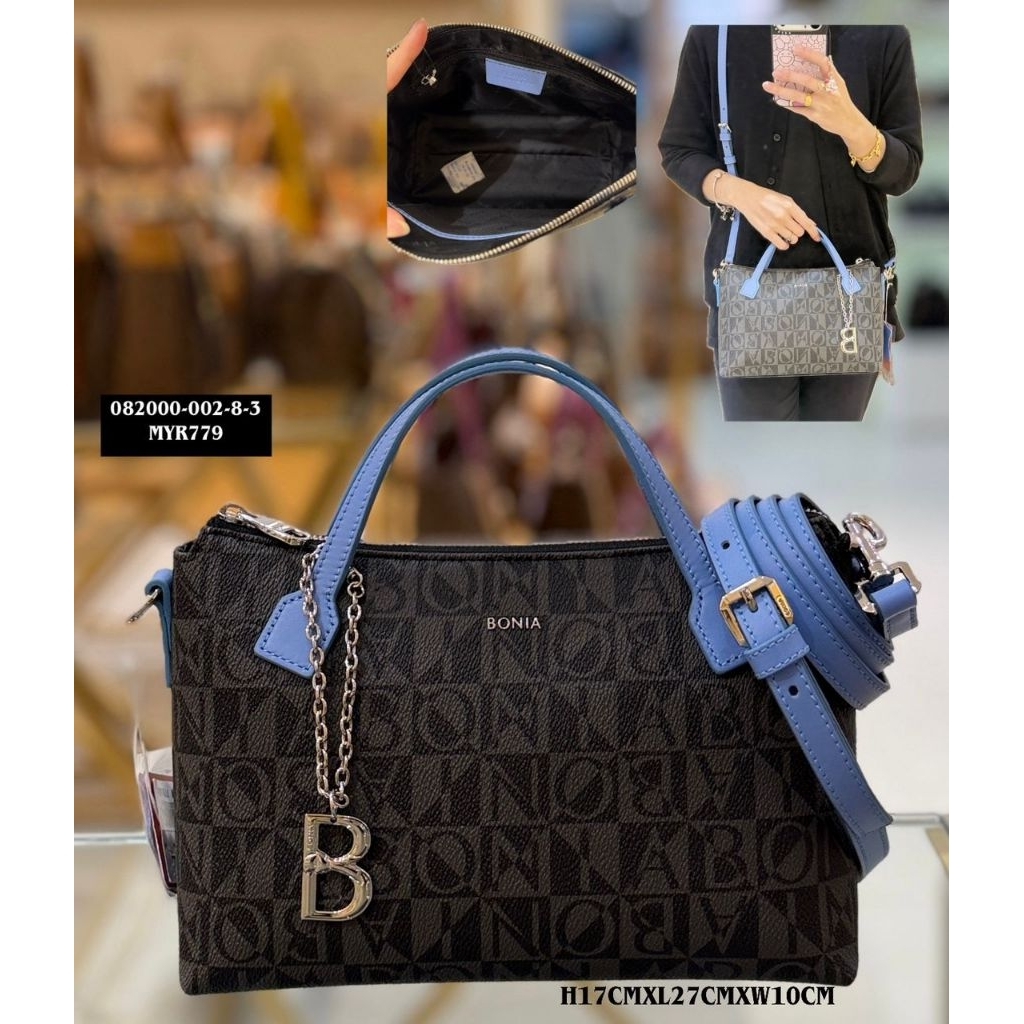 READY STOCK tas bonia original sling bag monogra hitam tali biru new arrival