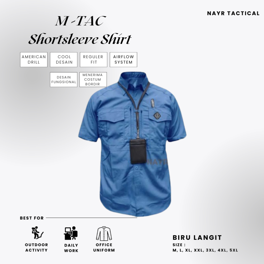 Baju Seragam Kerja Tactical Lengan Pendek Pria Biru - Kemeja Custom Bordir - Ideal untuk Outdoor