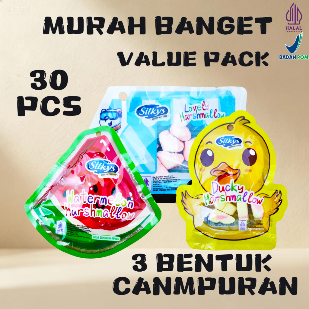 SILKYS MARSHMALLOW KARAKTER BONEKA 30 PCS Marshmallow boneka mash JAJANAN Marshmallow Karakter Lucu 