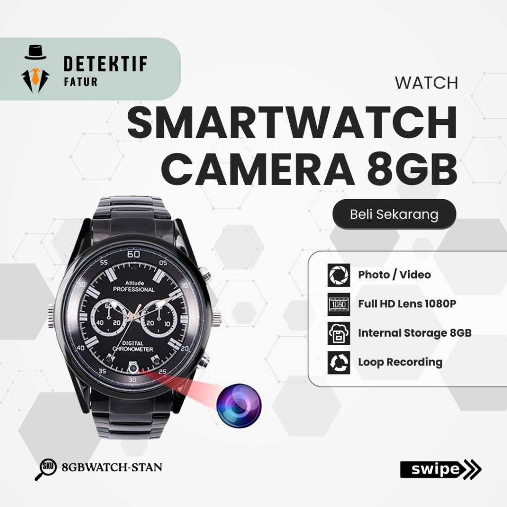 Smartwatch Spy Camera 1080P Jam Tangan Kamera 8GB WATCHCS8GB Hidden Spycam Camcorder Perekam Vidio