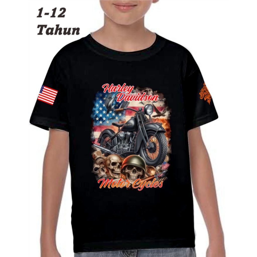 Kaos Anak Motif Harley Davidson Katun Combad 24S Premium/ Koas Distro Full Print Sablon / Kaos Oblon