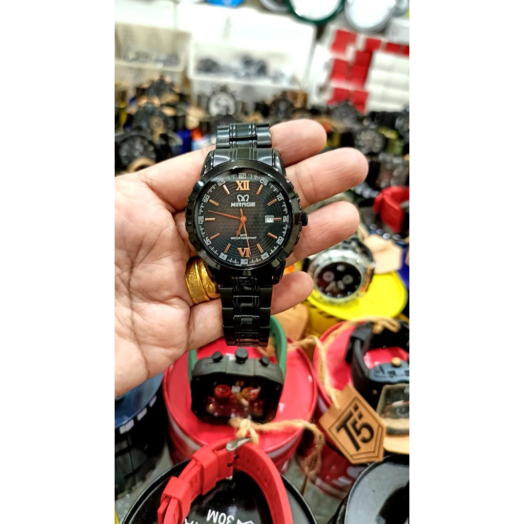 Jam Tangan Mirage Analog Pria Rantai Hitam Tanggal Aktif