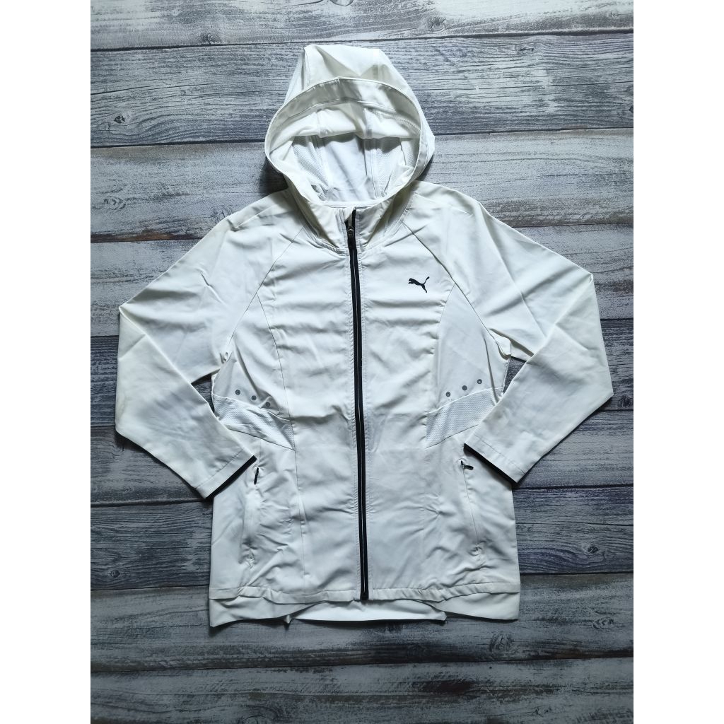 Jaket puma outdoor windbreaker running hoodie zipper lari motoran hangout unisex putih branded