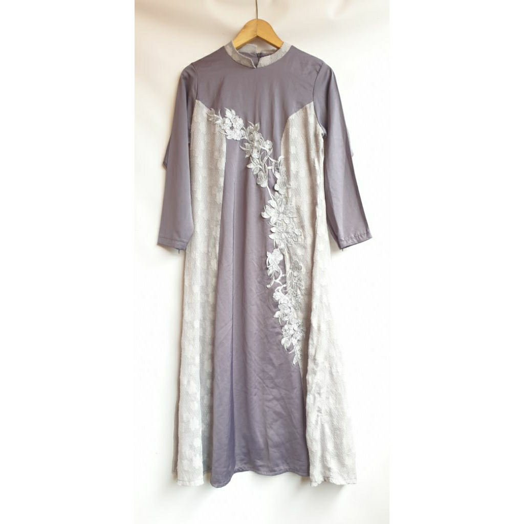 ​Maxi Dress Gamis Long Tunik Wanita Kombinasi Lengan Panjang Gaun Pesta Muslimah Bordir Bunga Elegan