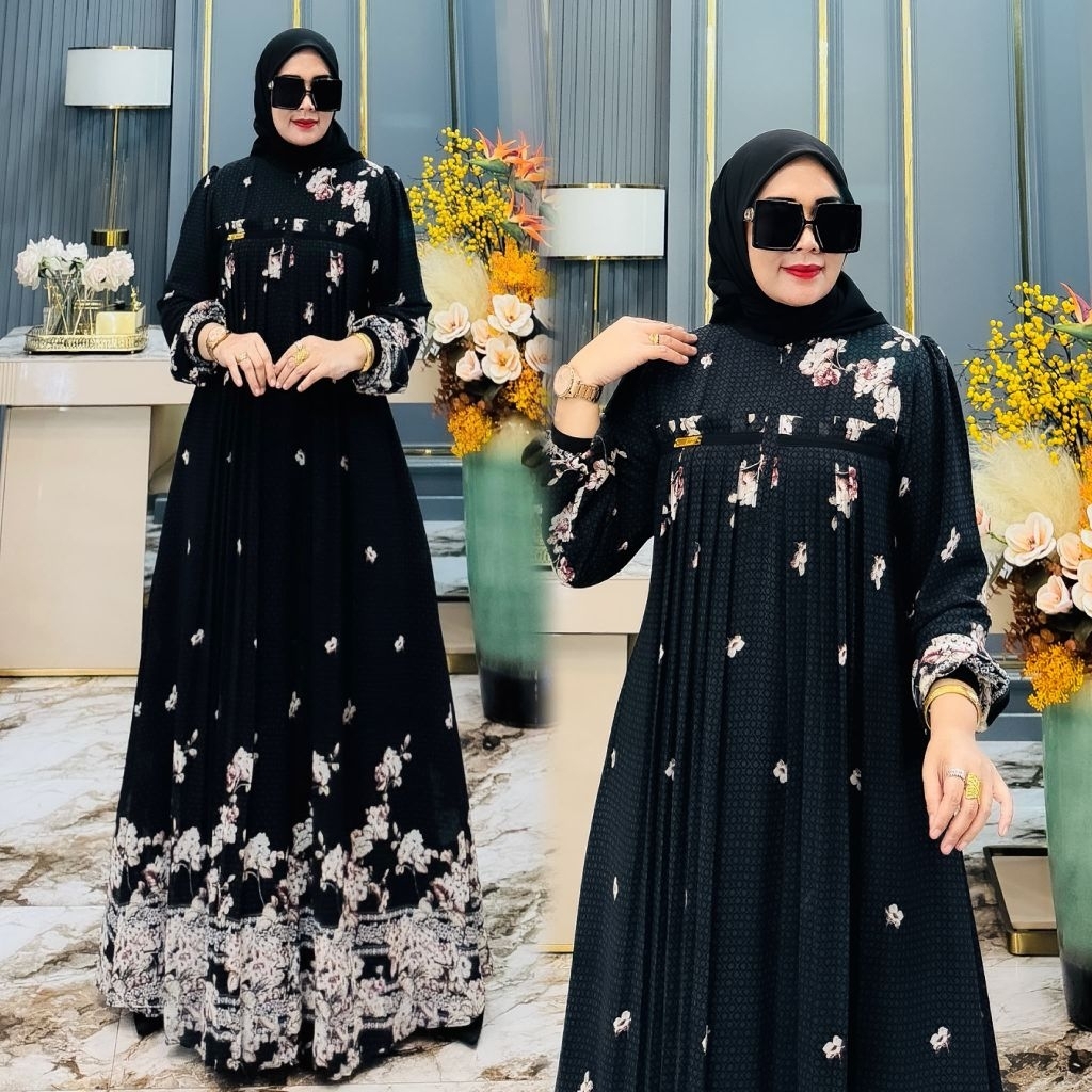 ELNARA DRESS SET HIJAB / Gamis motif set hijab segi empat