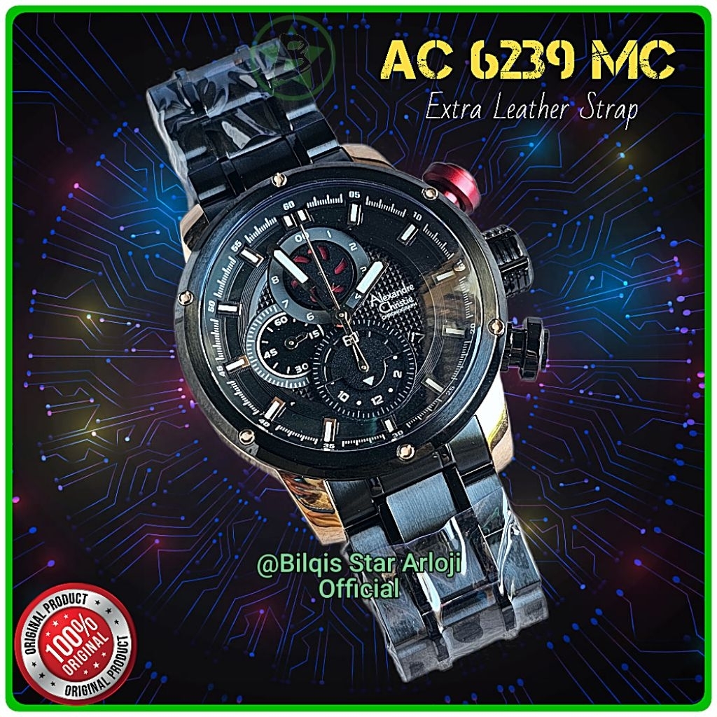 Alexandre Christie Sepaket Kulit Ac 6239 Mc Tali Rantai Black Rose Gold Original