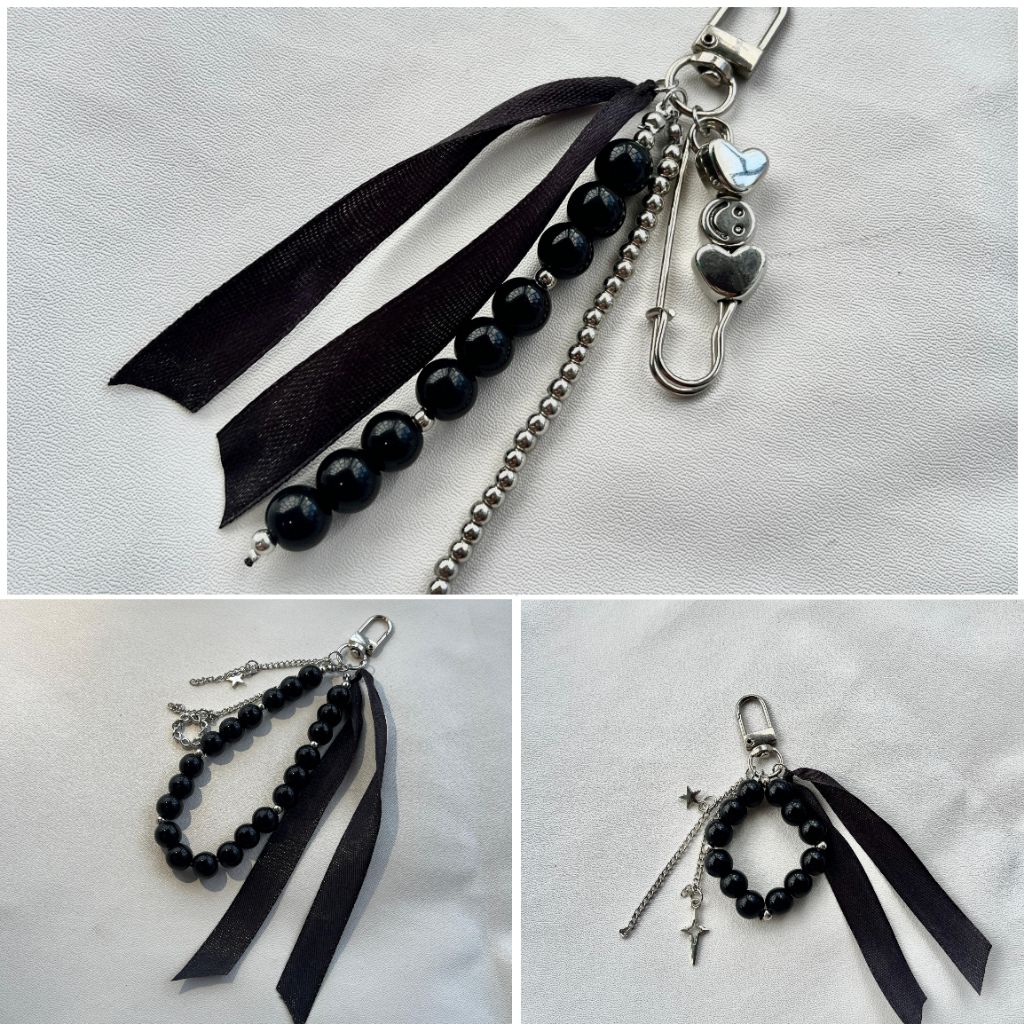 Keychain Aesthetic Hitam Ribbon Beads | Gantungan Tas & Kunci Dark Elegant Handmade