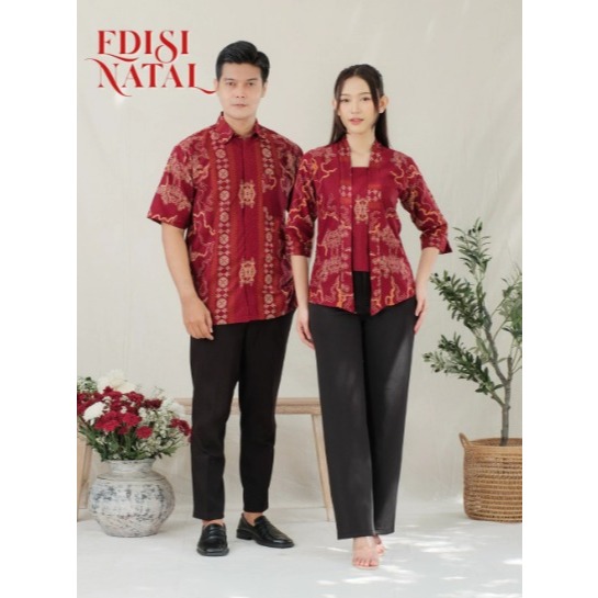Atasan Batik Wanita Kemeja Pria Batik Merah — Bolero Kebaya Natal — Wicaksono