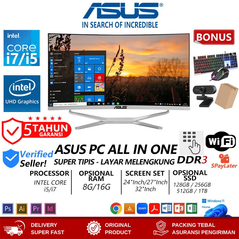 ASUS Komputer Full Set PC All-in-One Curved Baru, Prosesor Core i7/i5, RAM 8G/16G, SSD 256/512G/1TB,