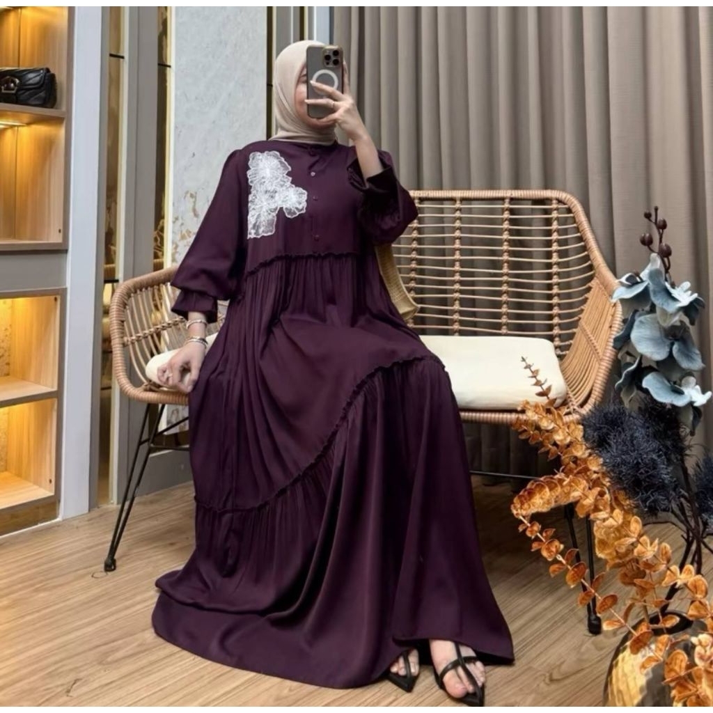 Mellisa Gamis Bordir Tempel Rayon Twill Busui Kancing