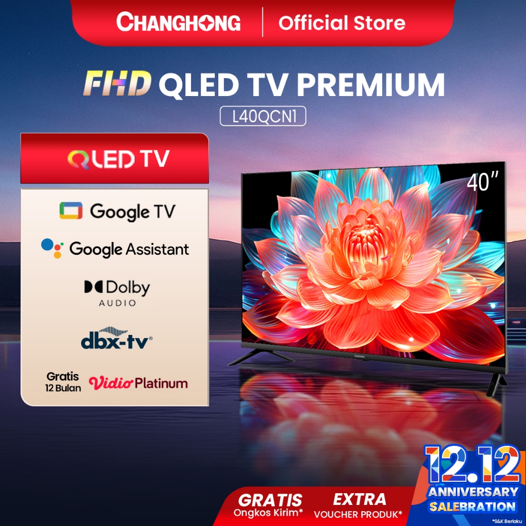 Changhong QLED TV 40 inch FHD  Dolby Audio Google Play Netflix Youtube Bluetooth USB Google Assistan