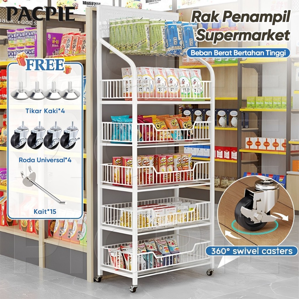 PACPIE Rak Dapur / Supermarket / Warung / Ciki / Rak Snack / Rak Besi Susun Serbaguna Roda Portable