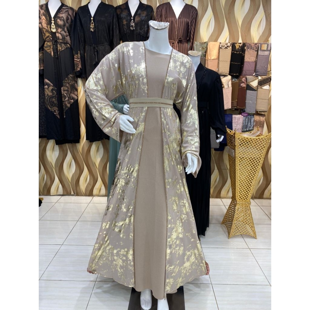 Abaya Dubai Inner Outer Motif Sembur Gold Mewah