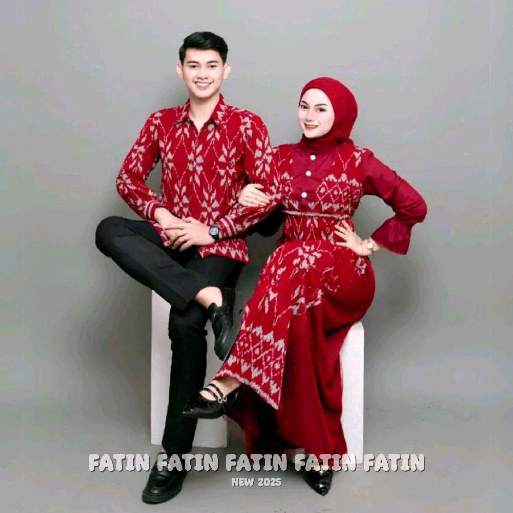 BAJU TENUN COUPLE DRESS MEYRA MERAH MARUN GAMIS SARIMBIT PASANGAN LEBARAN KONDANGAN setelan wanita d