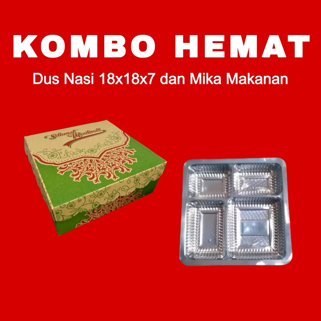 100 Pcs Kardus Nasi dan Mika Sekat 4||Dus Nasi 18x18x7||Mika Makanan||Paket Kombo||