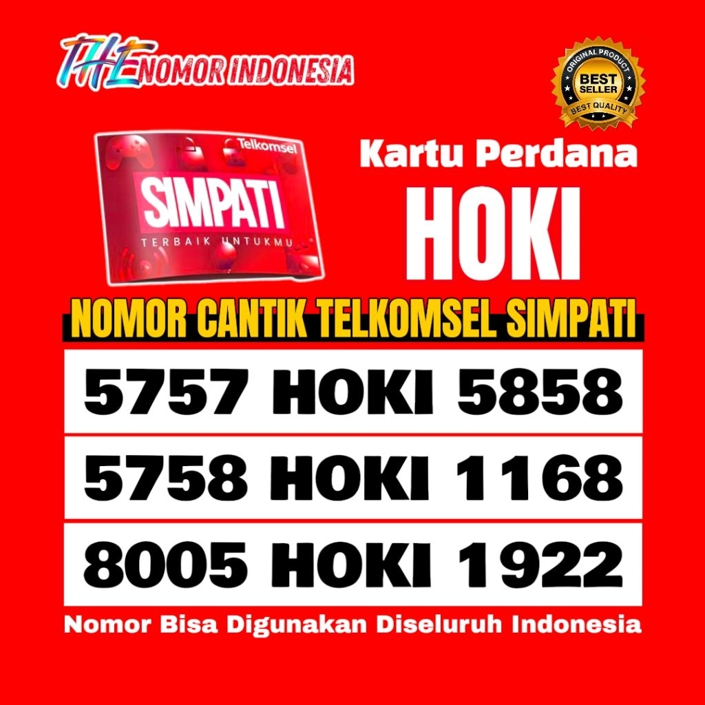 Nomor Cantik Telkomsel Simpati 4G/5G/LTE HOKI 5758/1168/8055/1922 Kartu Nasional (Hoki)