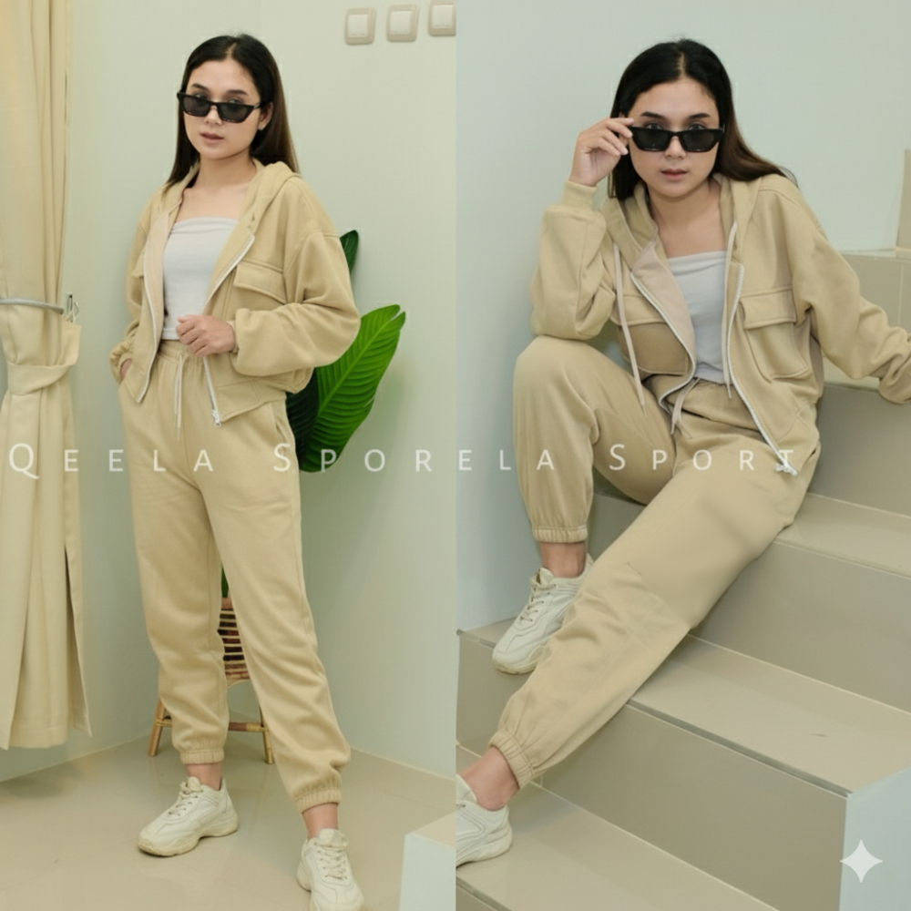 Setelan Crop One Set Wanita Hoodie Zipper X Jogger Sweatpants Oneset Ootd Korean Style Viral