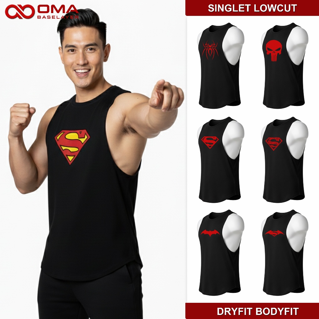 Singlet Lowcut Pria Olahraga Kompresi Spiderman Superman Gym Fitness Dryfit Bodyfit Spandex Motif Su