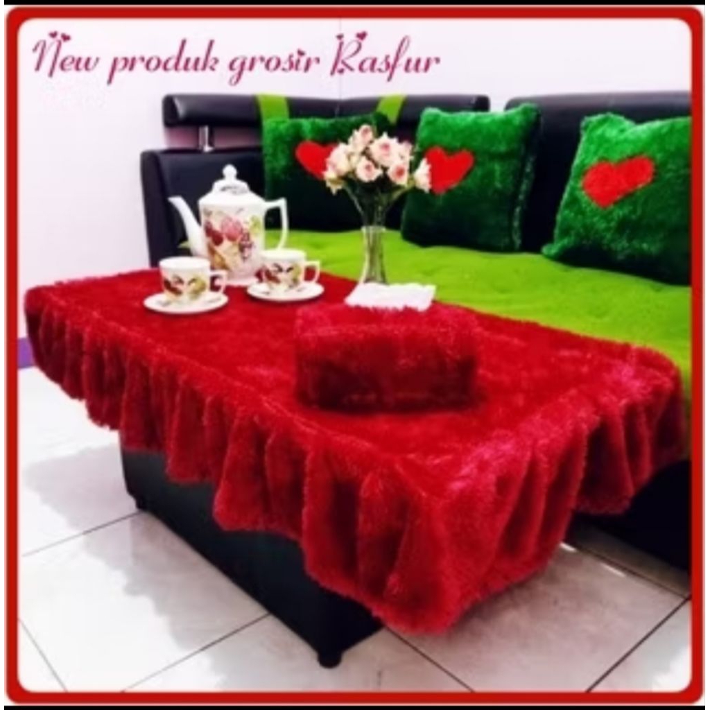 taplak meja tamu rumbai mewah rempel satu set sarung tisu