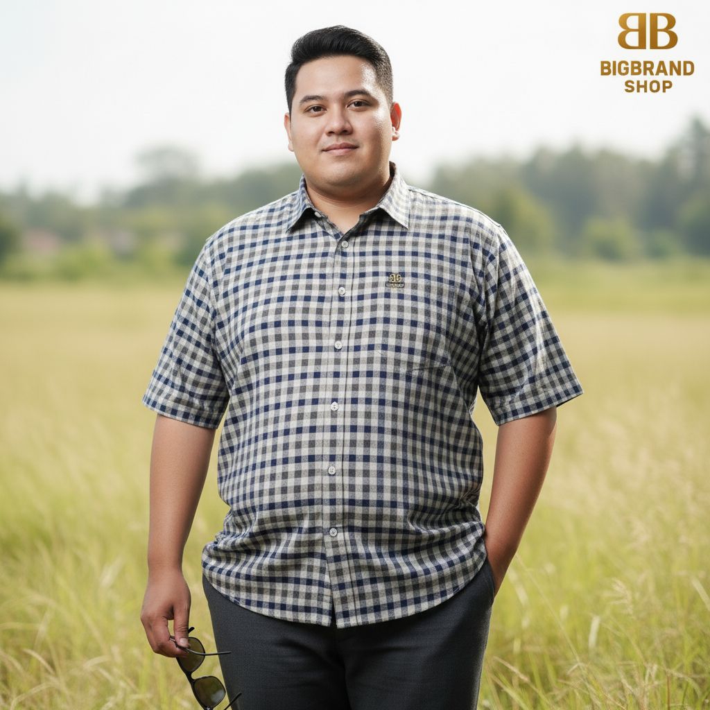 BIGBRAND Kemeja Pria Jumbo Lengan Pendek Hem Salur Stripe Motif Garis Garis Big Size