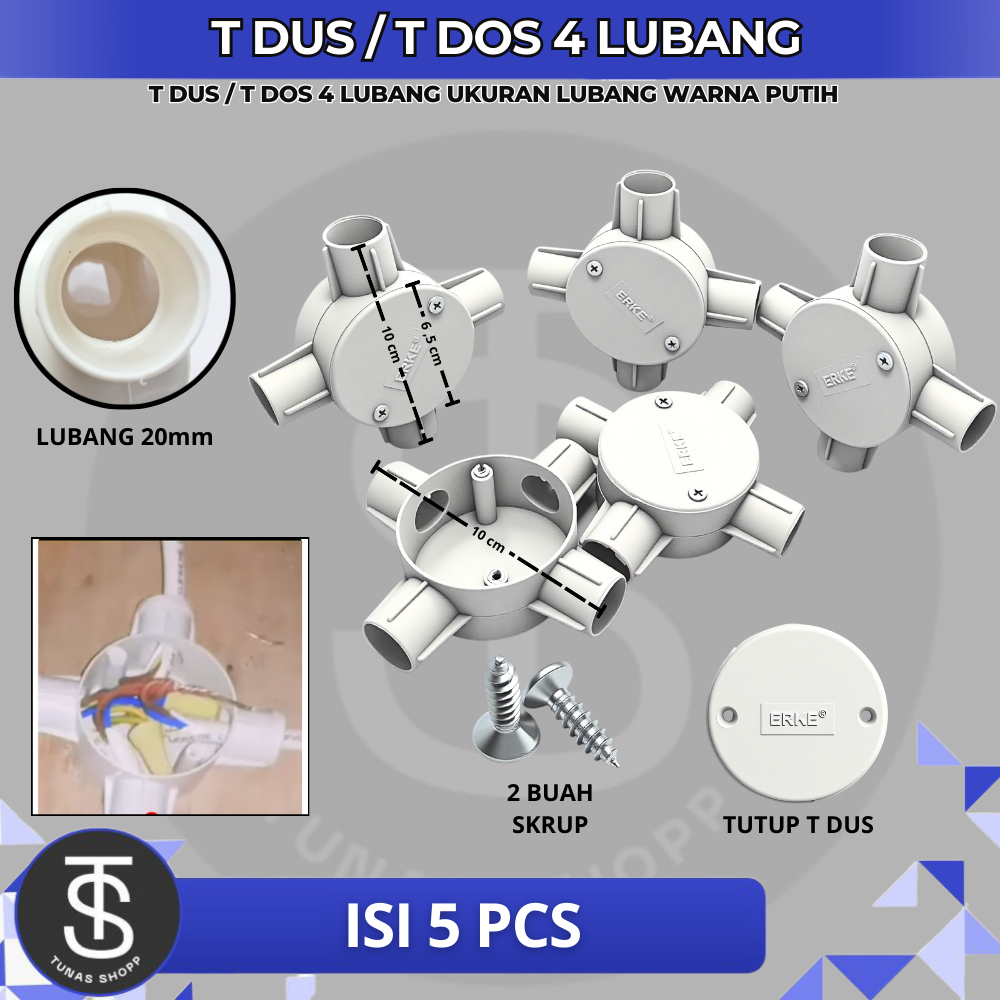 T Dus / T Dos 4 Lubang Sambungan Kabel 5pcs Ukuran Lubang 20mm Warna Putih / T Dus / T Dos Tidak Mud